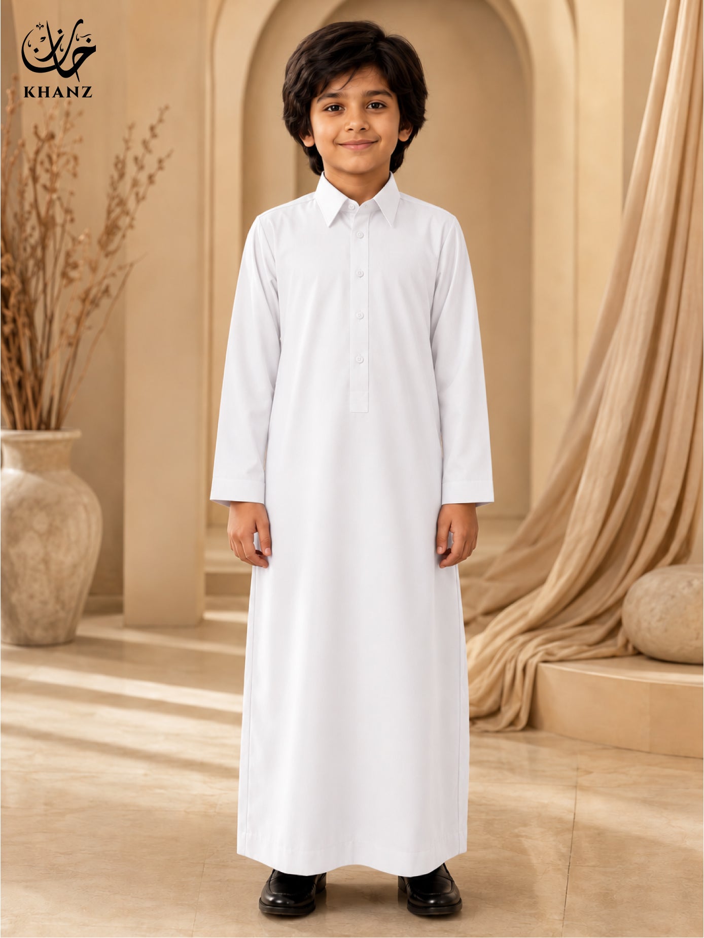 Khanz Kids Islamic Dress | Modern Shirt Collar Jubba Thobe for Boys