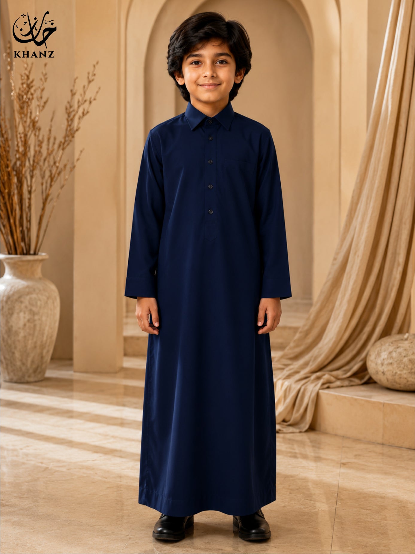 Khanz Kids Islamic Dress | Modern Shirt Collar Jubba Thobe for Boys