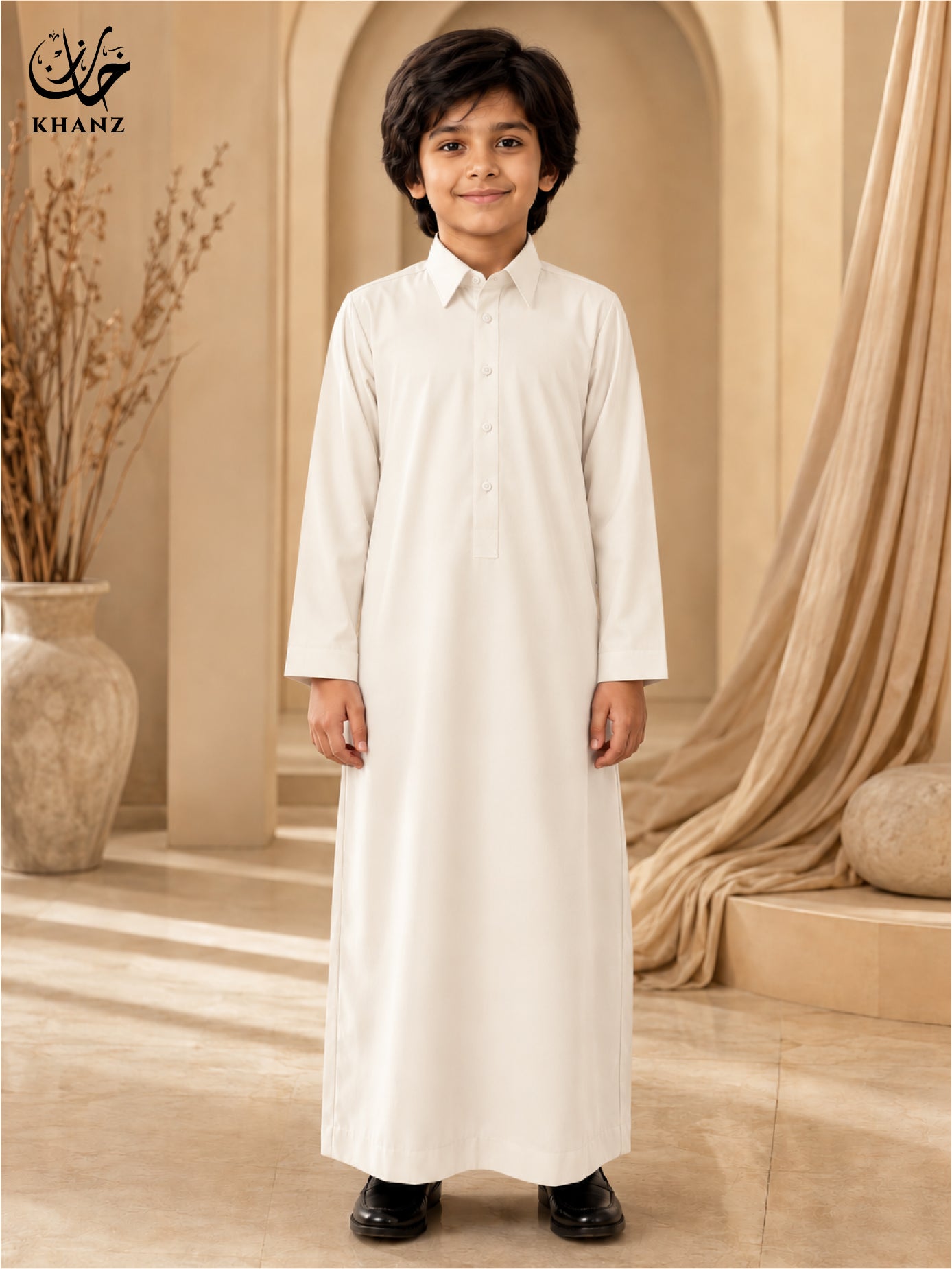 Khanz Kids Islamic Dress | Modern Shirt Collar Jubba Thobe for Boys